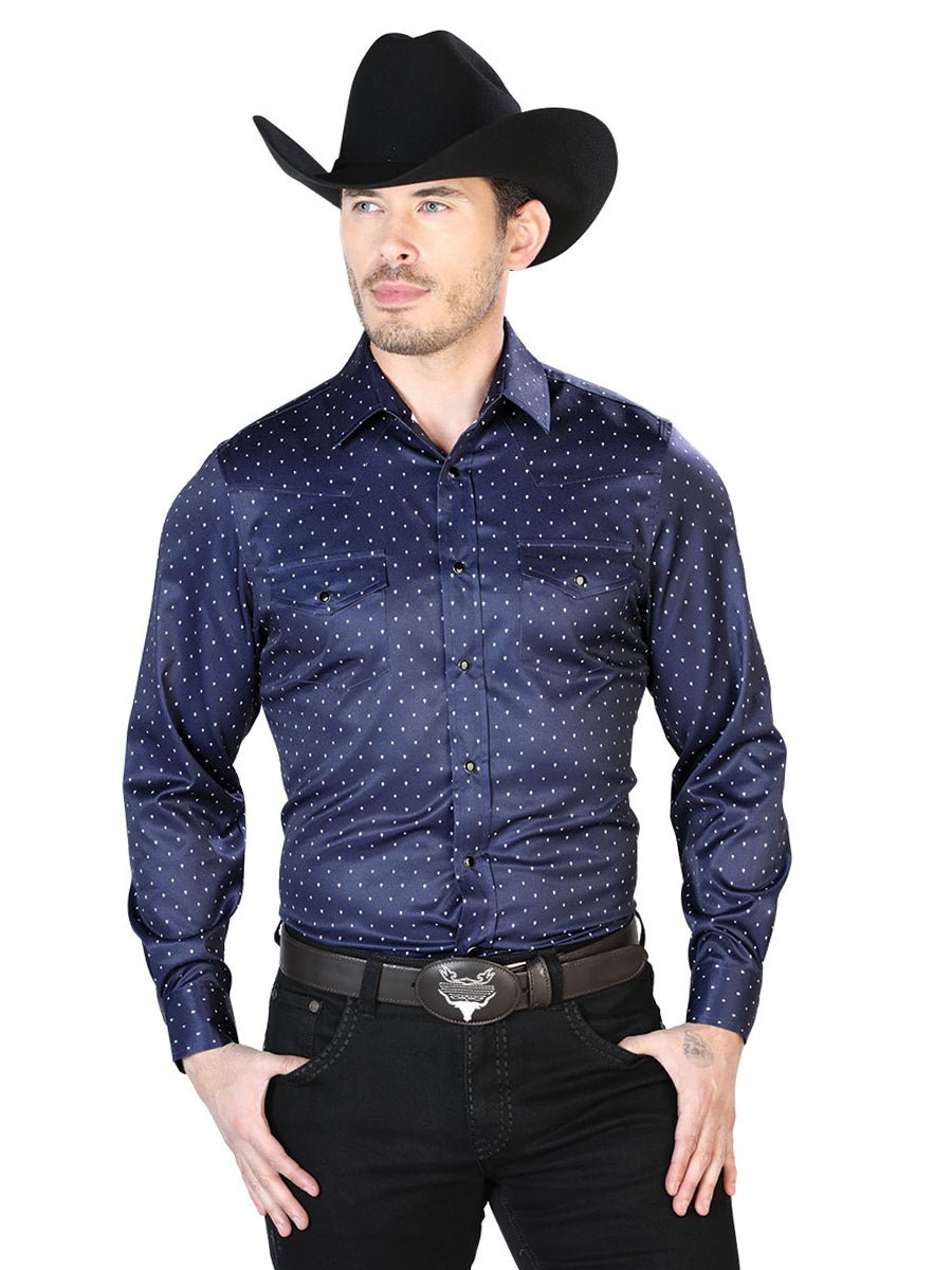 Navy And White Casual Long Sleeve Shirt 43965 - BELLEZA'S - Navy And White Casual Long Sleeve Shirt 43965 - Men's Shirt - 04396501
