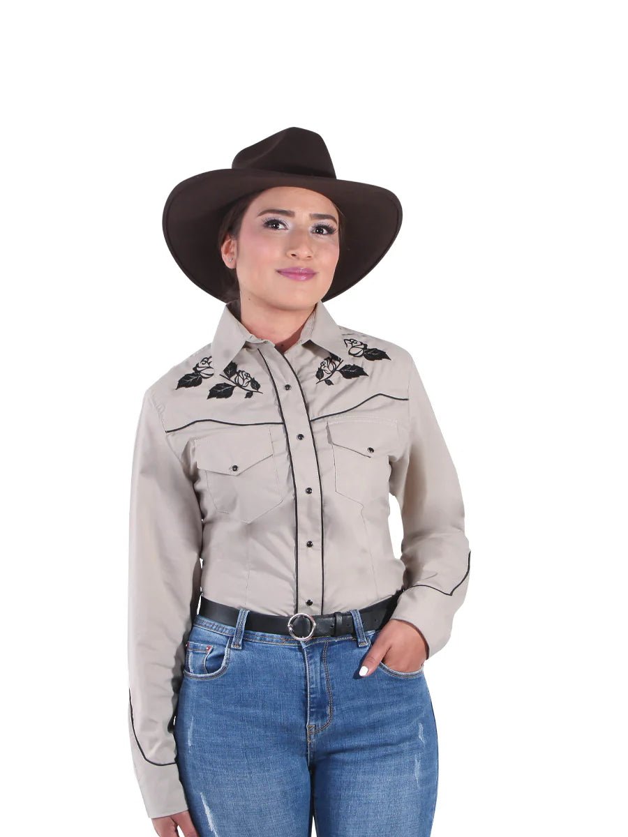 Women’s Beige Floral Embroidered Long Sleeve Western Shirt 'El Señor de los Cielos' 42969 - BELLEZA'S - Women’s Beige Floral Embroidered Long Sleeve Western Shirt 'El Señor de los Cielos' 42969 - Women's Shirt - 04296901