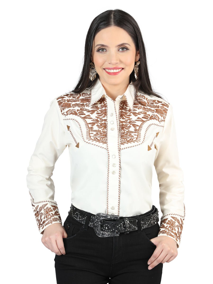 Women’s Beige/Dark Camel Embroidered Long Sleeve Western Shirt 'El General' 44345 - BELLEZA'S - Women’s Beige/Dark Camel Embroidered Long Sleeve Western Shirt 'El General' 44345 - Women's Shirt - 04434501