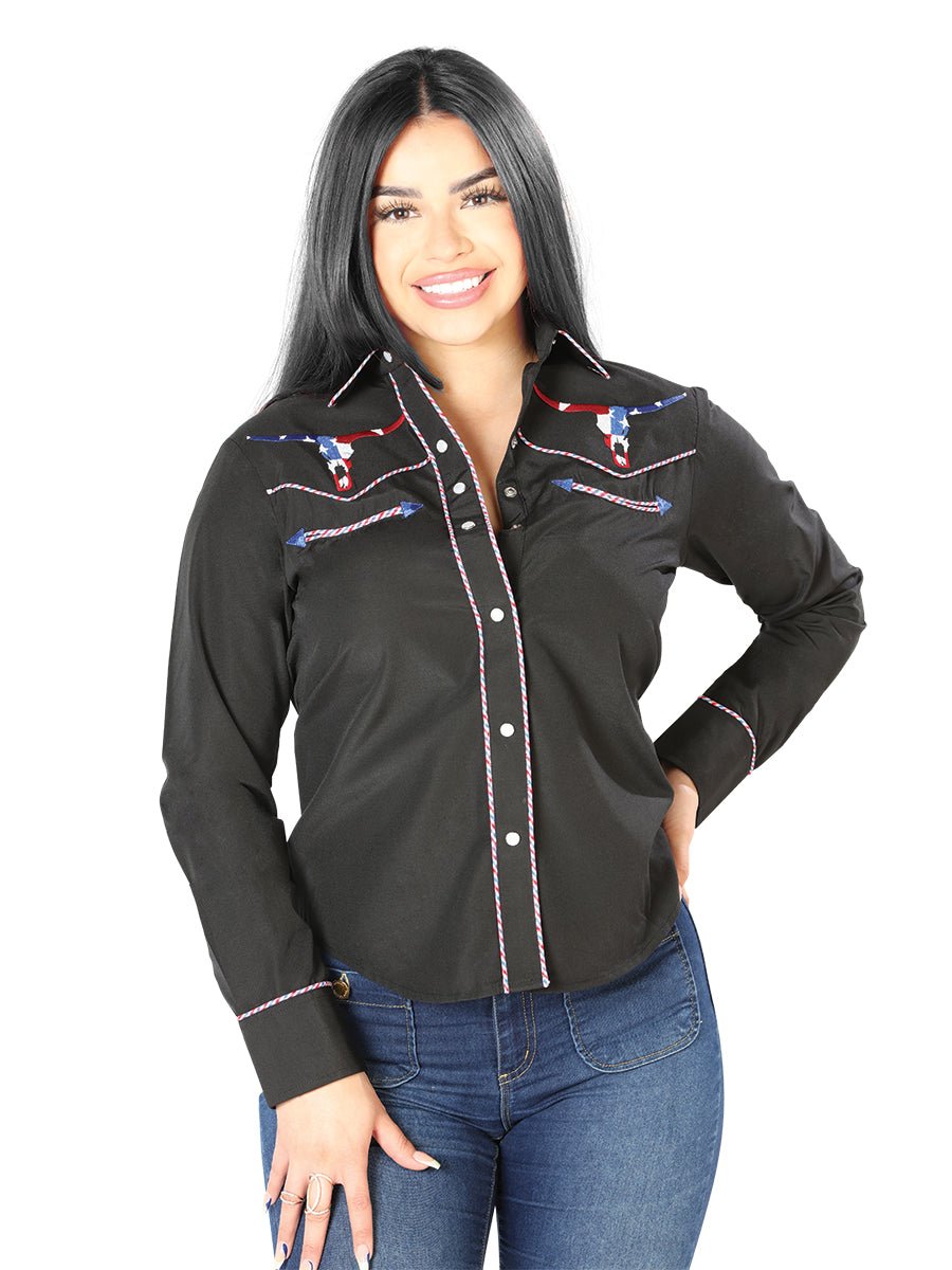 Women's Black Embroidered Long Sleeve Western Shirt 'El Señor de los Cielos' 126680 - BELLEZA'S - Women's Black Embroidered Long Sleeve Western Shirt 'El Señor de los Cielos' 126680 - Women's Shirt - 12668001