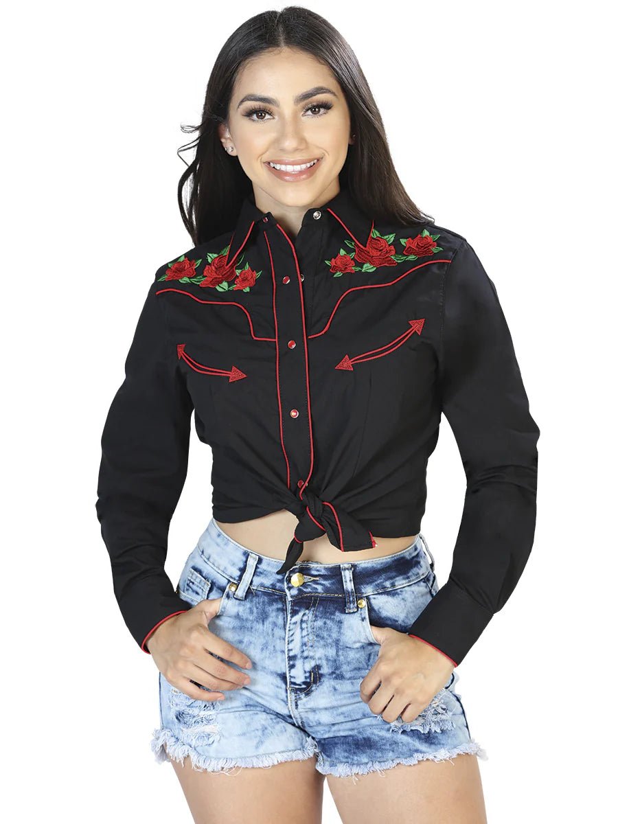 Women’s Black Floral Embroidered Long Sleeve Western Shirt 'El Señor de los Cielos' 42961 - BELLEZA'S - Women’s Black Floral Embroidered Long Sleeve Western Shirt 'El Señor de los Cielos' 42961 - Women's Shirt - 04296101
