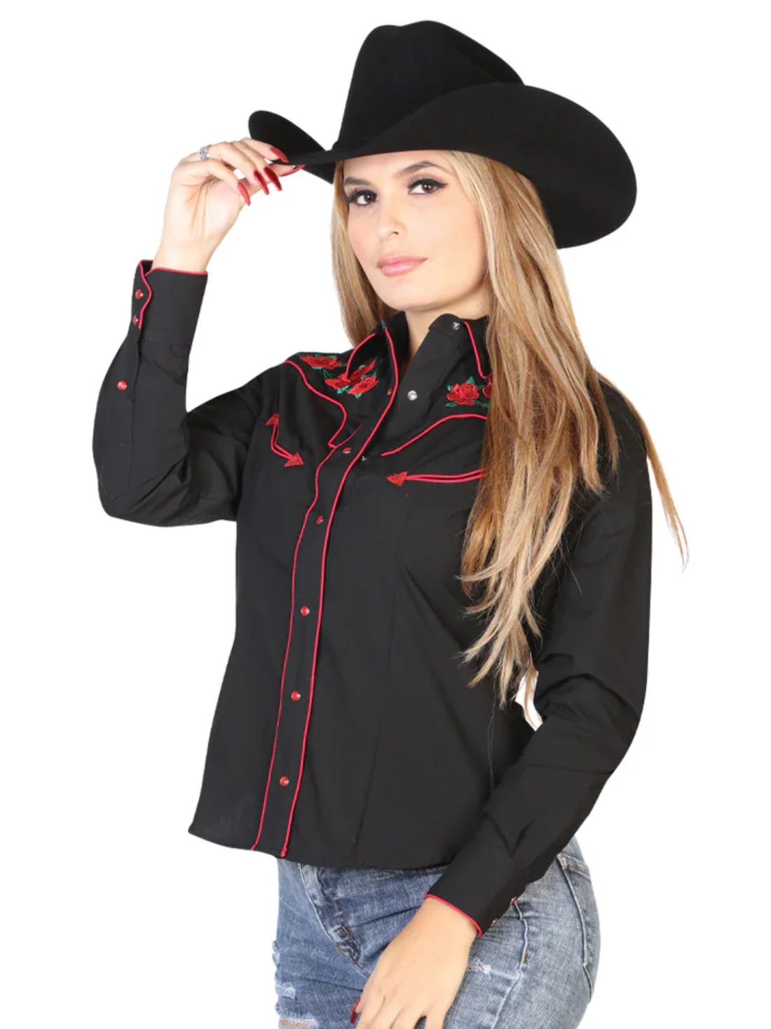 Women’s Black Floral Embroidered Long Sleeve Western Shirt 'El Señor de los Cielos' 42961 - BELLEZA'S - Women’s Black Floral Embroidered Long Sleeve Western Shirt 'El Señor de los Cielos' 42961 - Women's Shirt - 04296101
