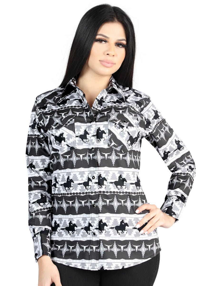 Women’s Black Print Long Sleeve Casual Shirt 'El Señor de los Cielos' 44479 - BELLEZA'S - Women’s Black Print Long Sleeve Casual Shirt 'El Señor de los Cielos' 44479 - Women's Shirt - 04447901