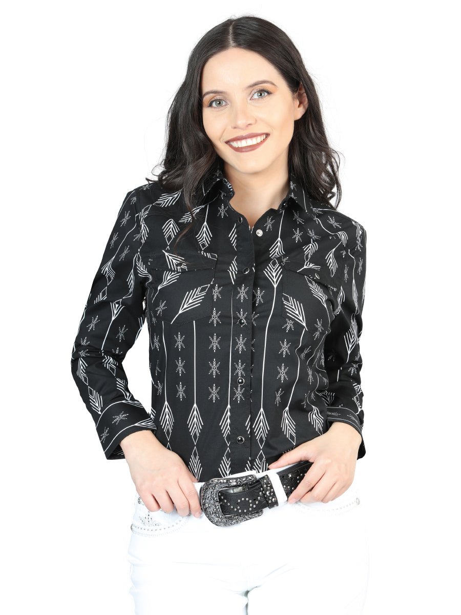 Women's Black Print Long Sleeve Snap Western Shirt 'El Señor de los Cielos' 44436 - BELLEZA'S - Women's Black Print Long Sleeve Snap Western Shirt 'El Señor de los Cielos' 44436 - Women's Shirt - 04443601