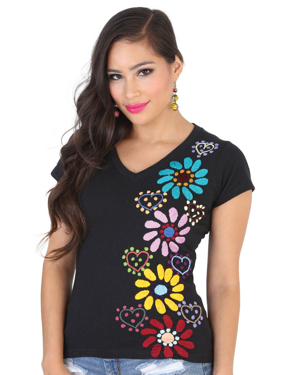 Women’s Black V - Neck Floral Embroidered Artisanal Sport T-Shirt 601986 - BELLEZA'S - Women’s Black V - Neck Floral Embroidered Artisanal Sport T-Shirt 601986 - Women's Blouse - 60198601