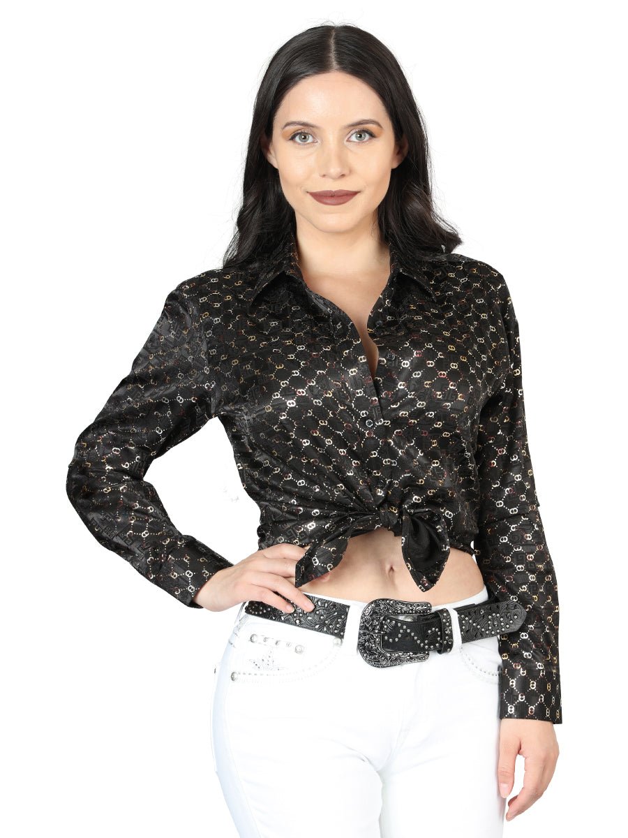 Women’s Black/Gold Print Long Sleeve Casual Shirt 'El Señor de los Cielos' 44558 - BELLEZA'S - Women’s Black/Gold Print Long Sleeve Casual Shirt 'El Señor de los Cielos' 44558 - Women's Shirt - 04455801