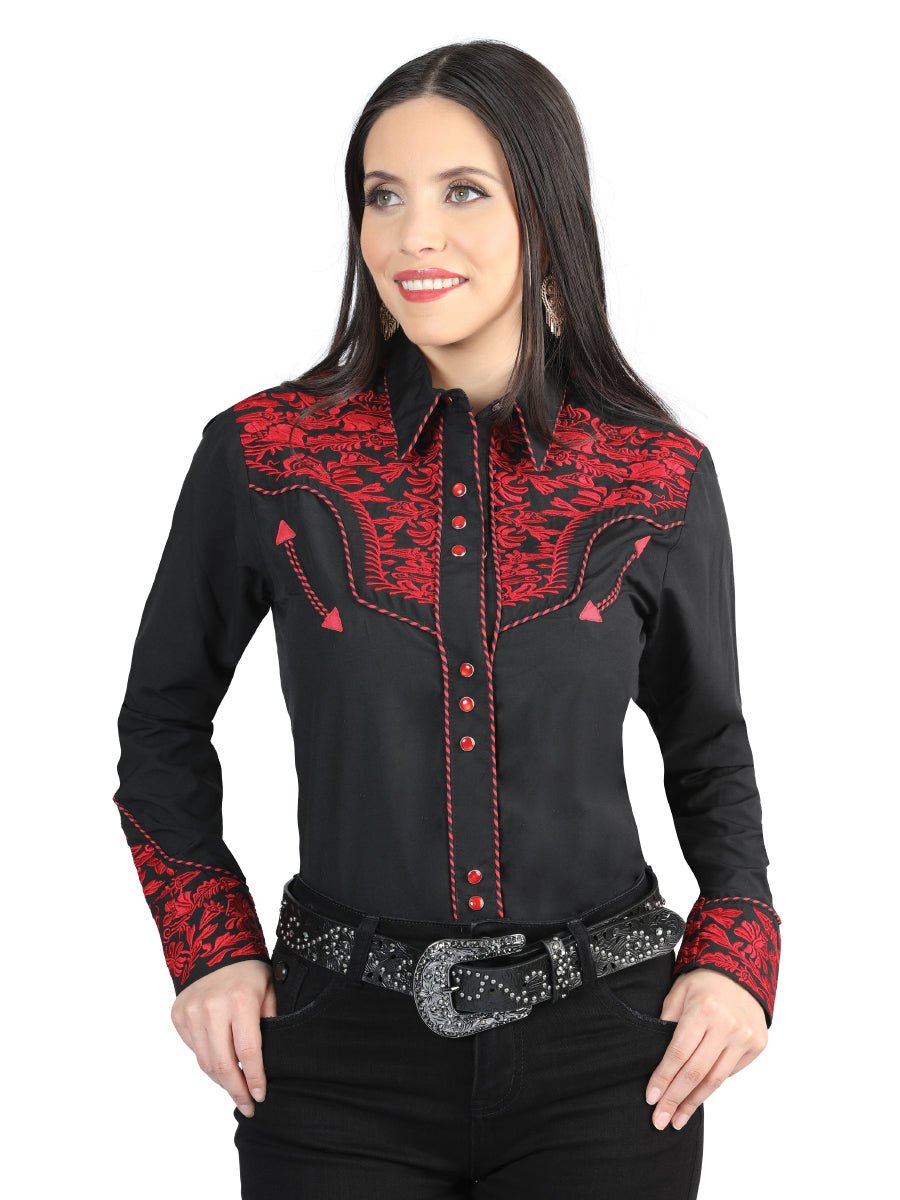 Women’s Black/Red Embroidered Long Sleeve Western Shirt 'El General' 44344 - BELLEZA'S - Women’s Black/Red Embroidered Long Sleeve Western Shirt 'El General' 44344 - Women's Shirt - 04434401