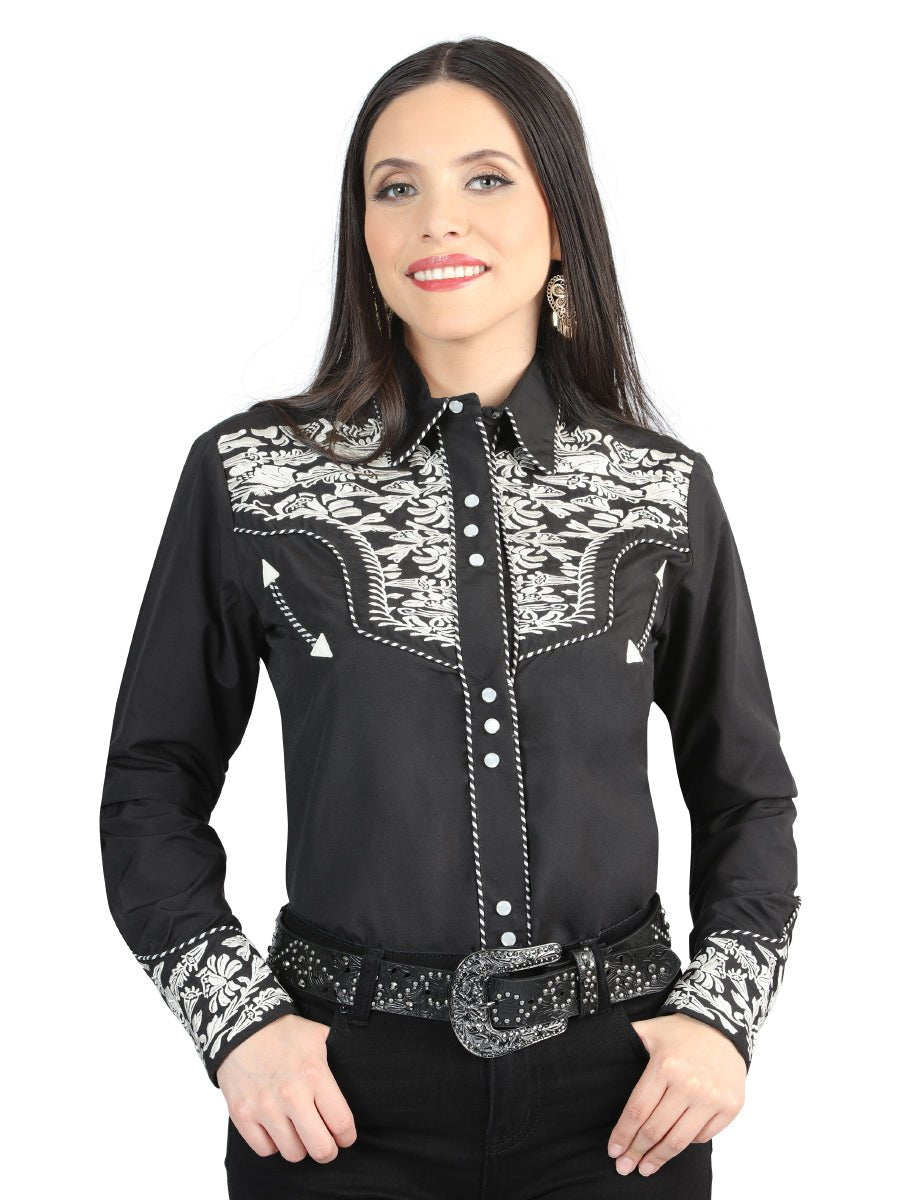 Women’s Black/Silver Embroidered Long Sleeve Western Shirt 'El General' 44342 - BELLEZA'S - Women’s Black/Silver Embroidered Long Sleeve Western Shirt 'El General' 44342 - Women's Shirt - 04434201