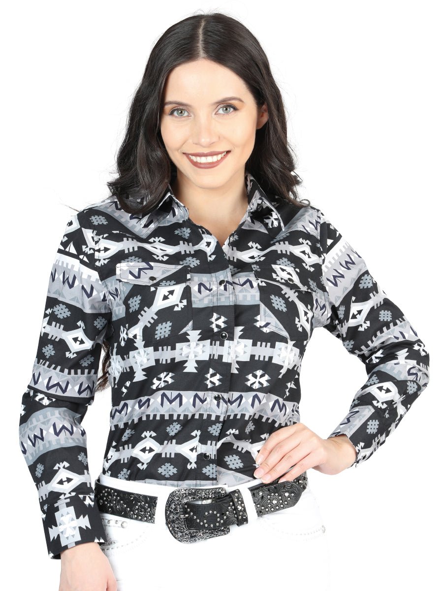 Women's Black/White Print Long Sleeve Snap Western Shirt 'El Señor de los Cielos' 44423 - BELLEZA'S - Women's Black/White Print Long Sleeve Snap Western Shirt 'El Señor de los Cielos' 44423 - Women's Shirt - 04442301