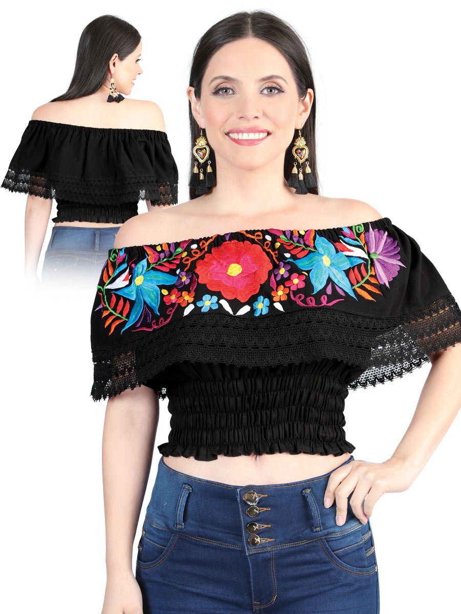 Women's Blouse Mexican Artisanal Embroidered Blouse 100% Cotton Black 603982 - BELLEZA'S - Women's Blouse Mexican Artisanal Embroidered Blouse 100% Cotton Black 603982 - Women's Blouse - 60398201