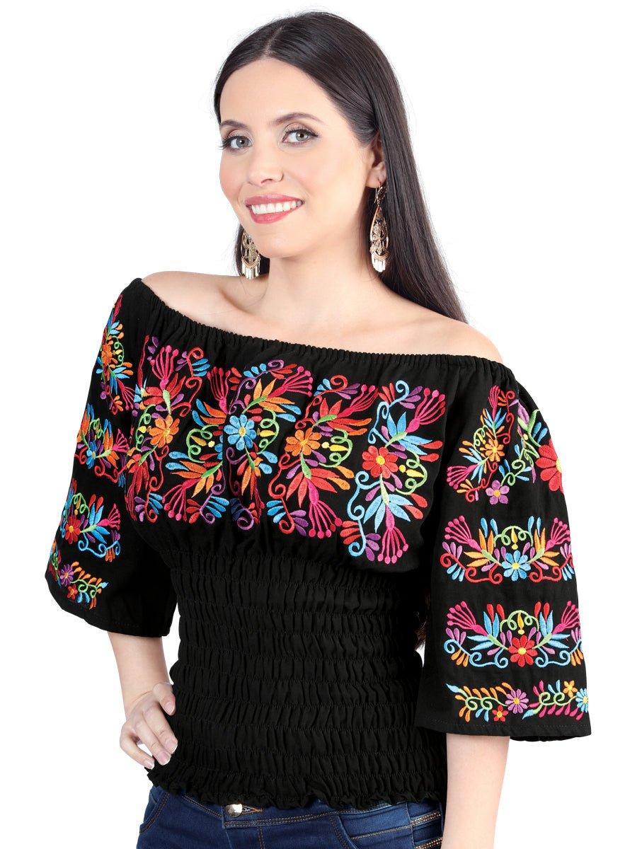 Women's Blouse Mexican Artisanal Embroidered Blouse 100% Cotton Black 604009 - BELLEZA'S - Women's Blouse Mexican Artisanal Embroidered Blouse 100% Cotton Black 604009 - Women's Blouse - 60400901