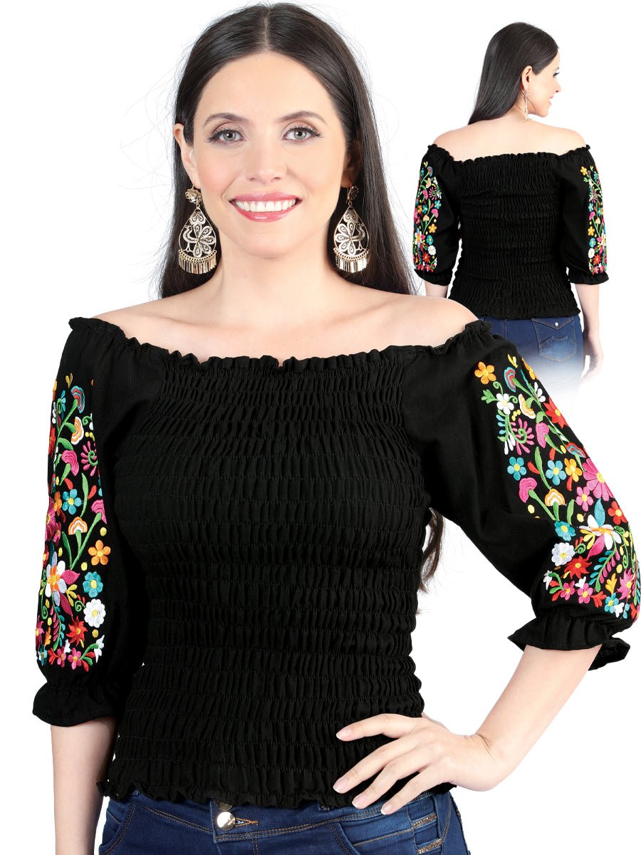 Women's Blouse Mexican Artisanal Embroidered Blouse 100% Cotton Black 604012 - BELLEZA'S - Women's Blouse Mexican Artisanal Embroidered Blouse 100% Cotton Black 604012 - Women's Blouse - 60401201