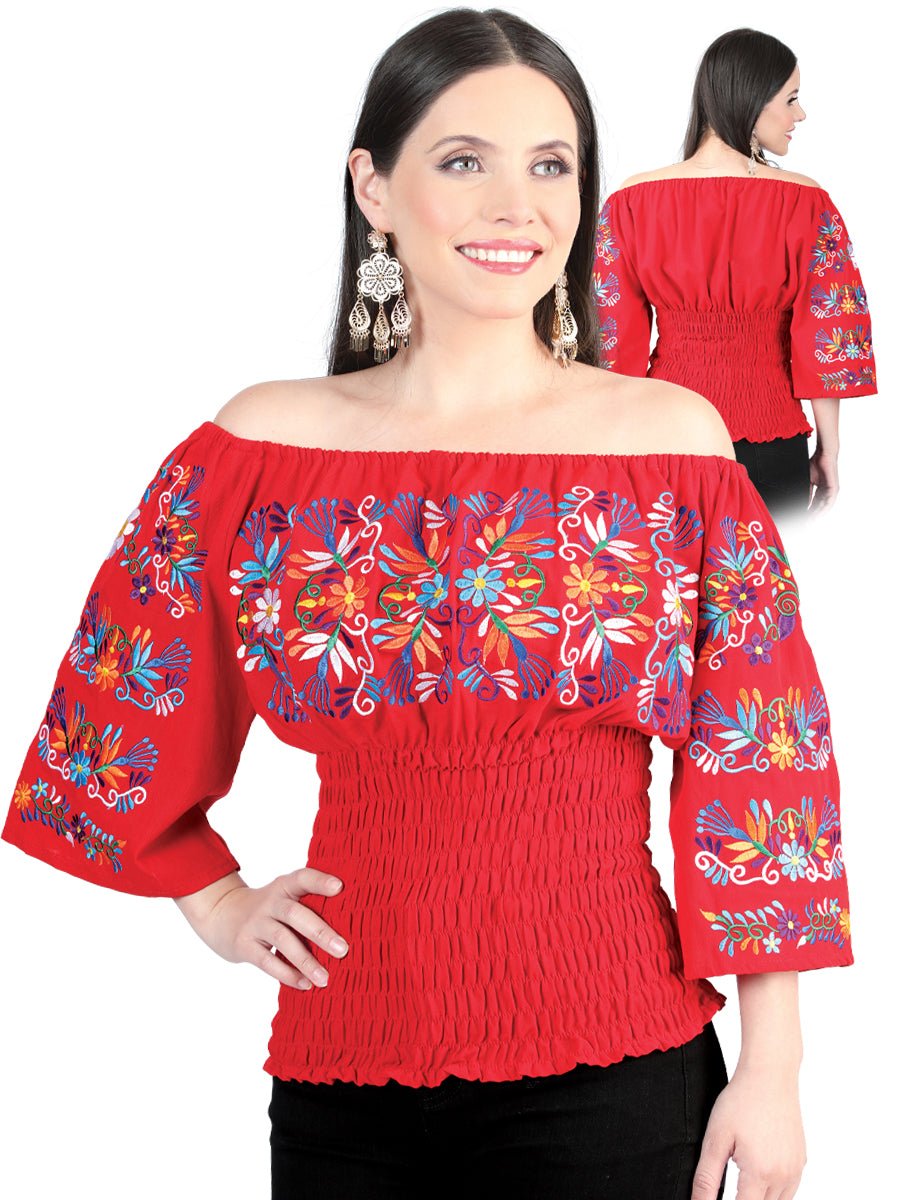 Women's Blouse Mexican Artisanal Embroidered Blouse 100% Cotton Red 604010 - BELLEZA'S - Women's Blouse Mexican Artisanal Embroidered Blouse 100% Cotton Red 604010 - Women's Blouse - 60401001