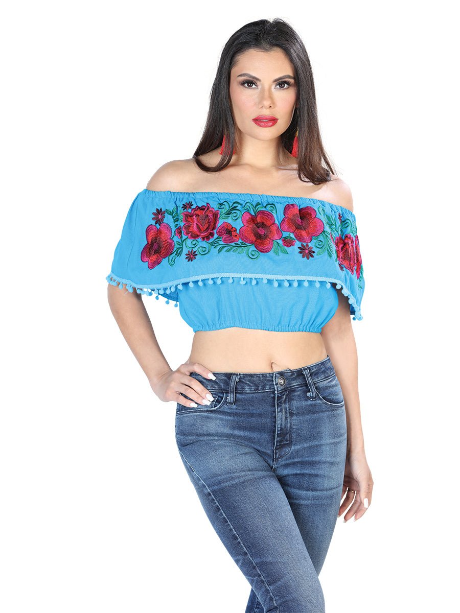 Women's Blouse Mexican Artisanal Embroidered Blouse 100% Cotton Turquoise 603938 - BELLEZA'S - Women's Blouse Mexican Artisanal Embroidered Blouse 100% Cotton Turquoise 603938 - Women's Blouse - 60393801