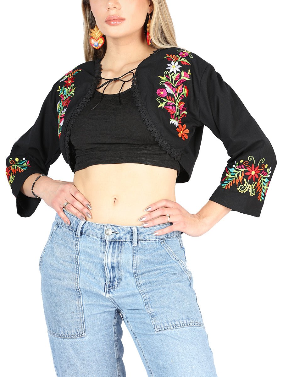 Women's Blouse Mexican Artisanal Embroidered Torera 100% Cotton Black 604052 - BELLEZA'S - Women's Blouse Mexican Artisanal Embroidered Torera 100% Cotton Black 604052 - Women's Blouse - 60405201