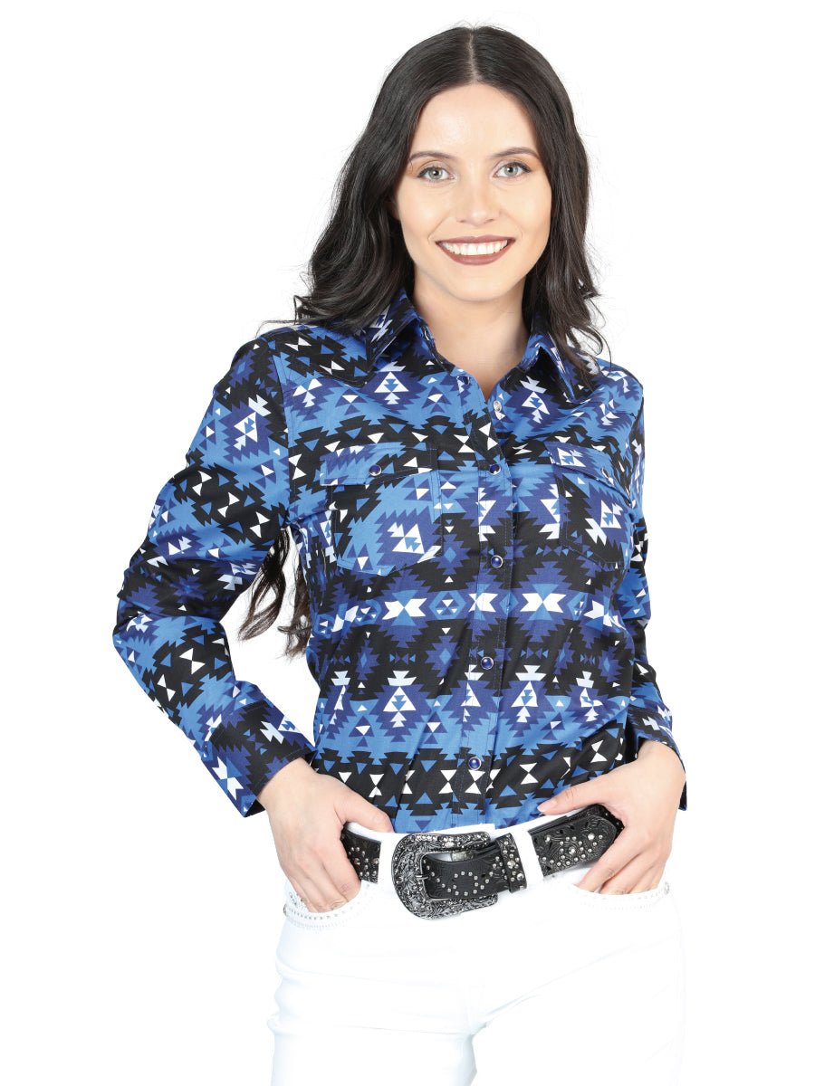 Women's Blue Print Long Sleeve Snap Western Shirt 'El Señor de los Cielos' 44410 - BELLEZA'S - Women's Blue Print Long Sleeve Snap Western Shirt 'El Señor de los Cielos' 44410 - Women's Shirt - 04441001
