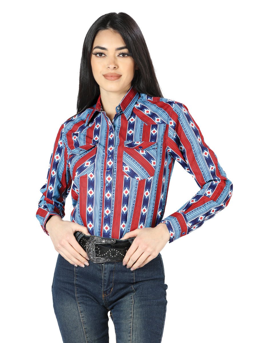 Women’s Blue Print Long Sleeve Western Shirt 'El Señor de los Cielos' 44213 - BELLEZA'S - Women’s Blue Print Long Sleeve Western Shirt 'El Señor de los Cielos' 44213 - Women's Shirt - 04421301