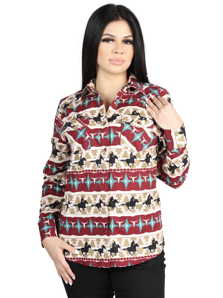 Women’s Burgundy Print Long Sleeve Casual Shirt 'El Señor de los Cielos' 44480 - BELLEZA'S - Women’s Burgundy Print Long Sleeve Casual Shirt 'El Señor de los Cielos' 44480 - Women's Shirt - 04448001
