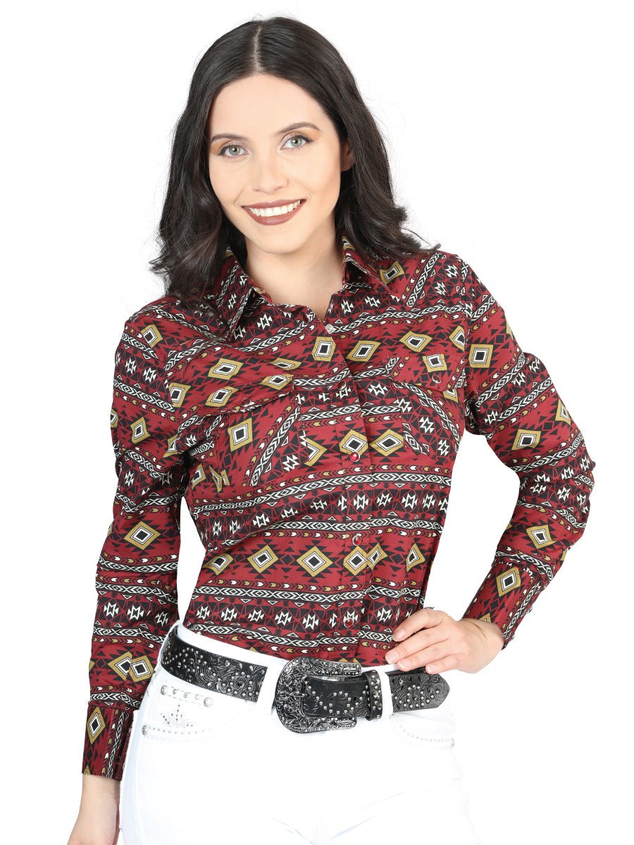 Women’s Burgundy Print Long Sleeve Snap Western Shirt 'El Señor de los Cielos' 44407 - BELLEZA'S - Women’s Burgundy Print Long Sleeve Snap Western Shirt 'El Señor de los Cielos' 44407 - Women's Shirt - 04440701