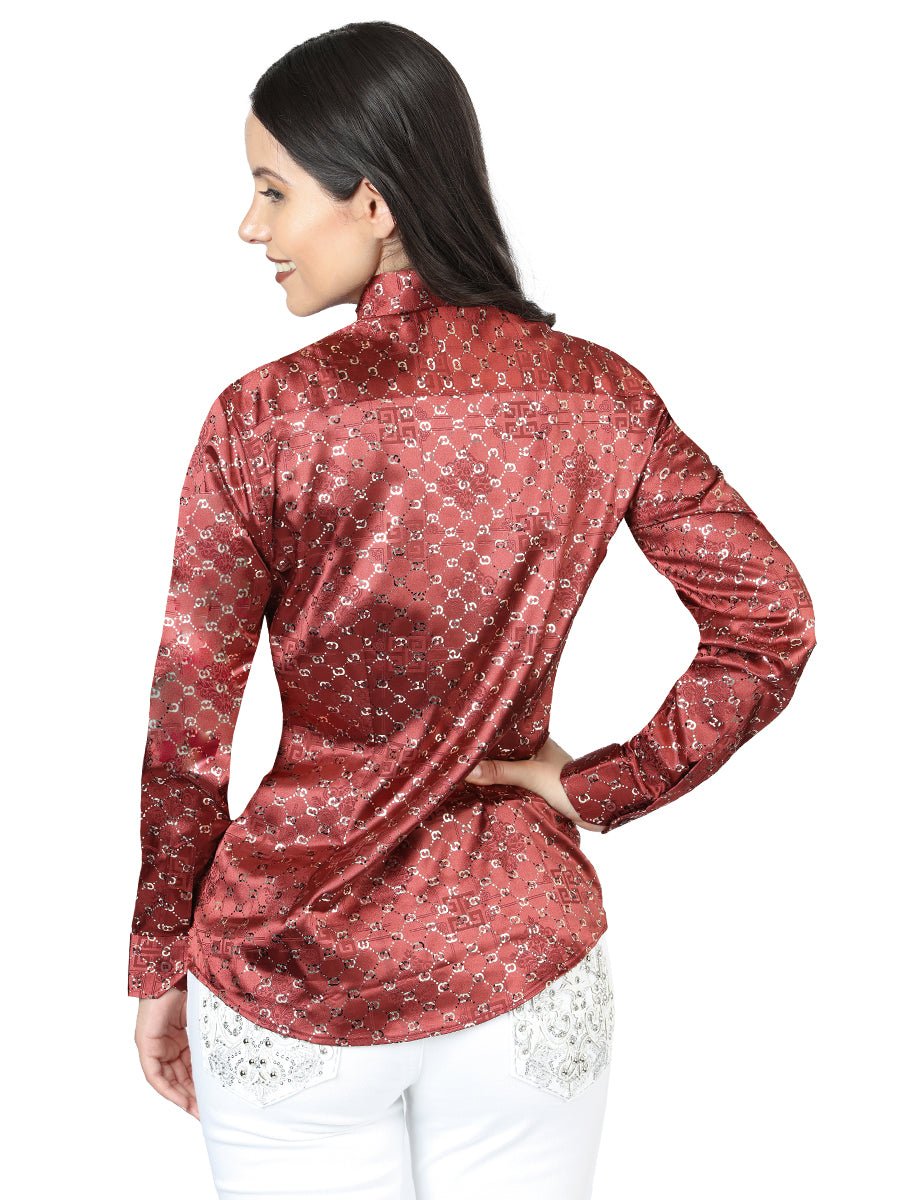 Women’s Burgundy/Gold Print Long Sleeve Casual Shirt 'El Señor de los Cielos' 44555 - BELLEZA'S - Women’s Burgundy/Gold Print Long Sleeve Casual Shirt 'El Señor de los Cielos' 44555 - Women's Shirt - 04455501