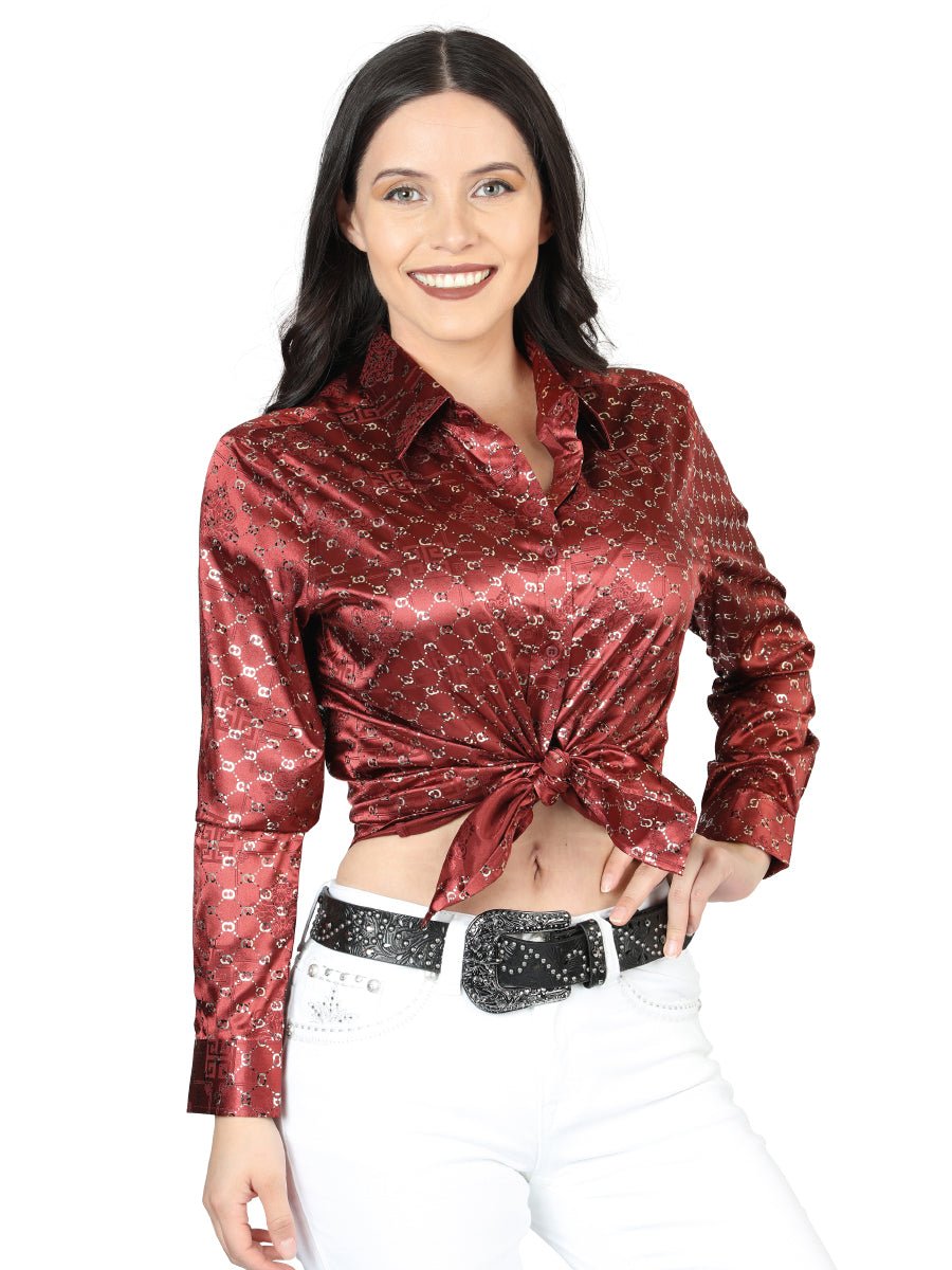 Women’s Burgundy/Gold Print Long Sleeve Casual Shirt 'El Señor de los Cielos' 44555 - BELLEZA'S - Women’s Burgundy/Gold Print Long Sleeve Casual Shirt 'El Señor de los Cielos' 44555 - Women's Shirt - 04455501
