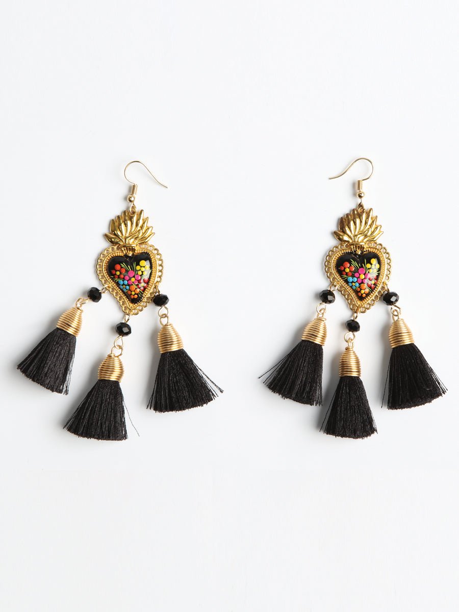 Women's Earrings Artisanal Hand Painted Earrings Black Wood Silk Thread 603974 - BELLEZA'S - Women's Earrings Artisanal Hand Painted Earrings Black Wood Silk Thread 603974 - Women's Earrings - 60397401