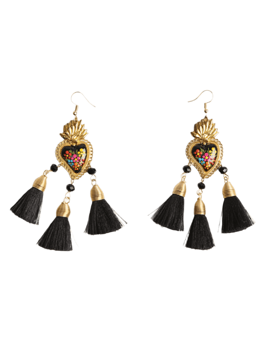 Women's Earrings Artisanal Hand Painted Earrings Black Wood Silk Thread 603974 - BELLEZA'S - Women's Earrings Artisanal Hand Painted Earrings Black Wood Silk Thread 603974 - Women's Earrings - 60397401