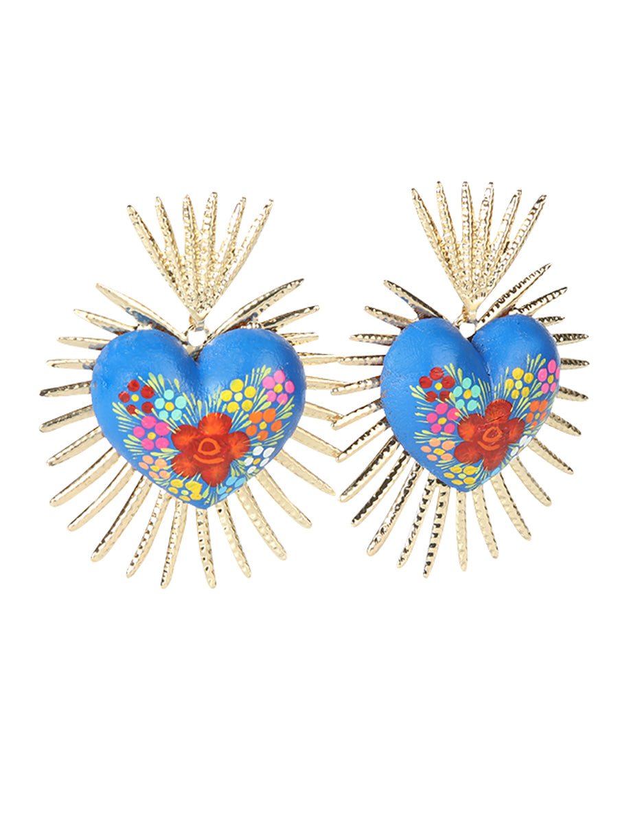 Women's Earrings Artisanal Hand Painted Sacred Heart Wood/Veneer Blue 603971 - BELLEZA'S - Women's Earrings Artisanal Hand Painted Sacred Heart Wood/Veneer Blue 603971 - Women's Earrings - 60397101