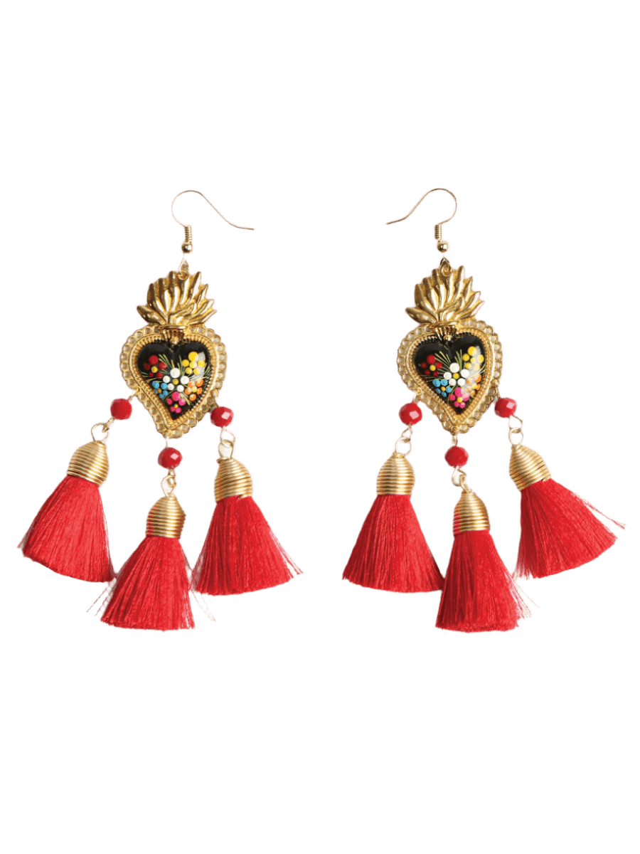 Women's Earrings Artisanal Hand Painted Wood Silk Thread Red 603973 - BELLEZA'S - Women's Earrings Artisanal Hand Painted Wood Silk Thread Red 603973 - Women's Earrings - 60397301