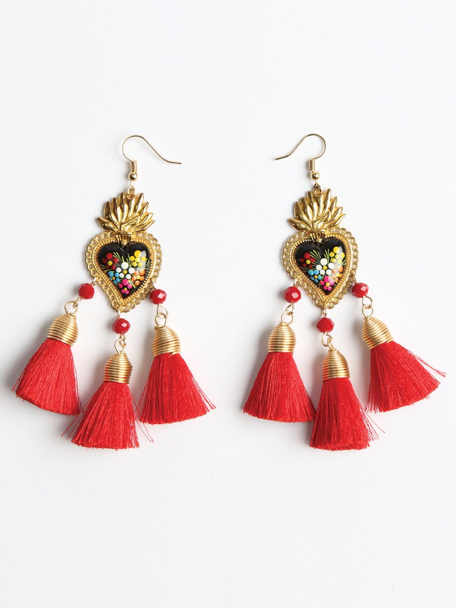 Women's Earrings Artisanal Hand Painted Wood Silk Thread Red 603973 - BELLEZA'S - Women's Earrings Artisanal Hand Painted Wood Silk Thread Red 603973 - Women's Earrings - 60397301