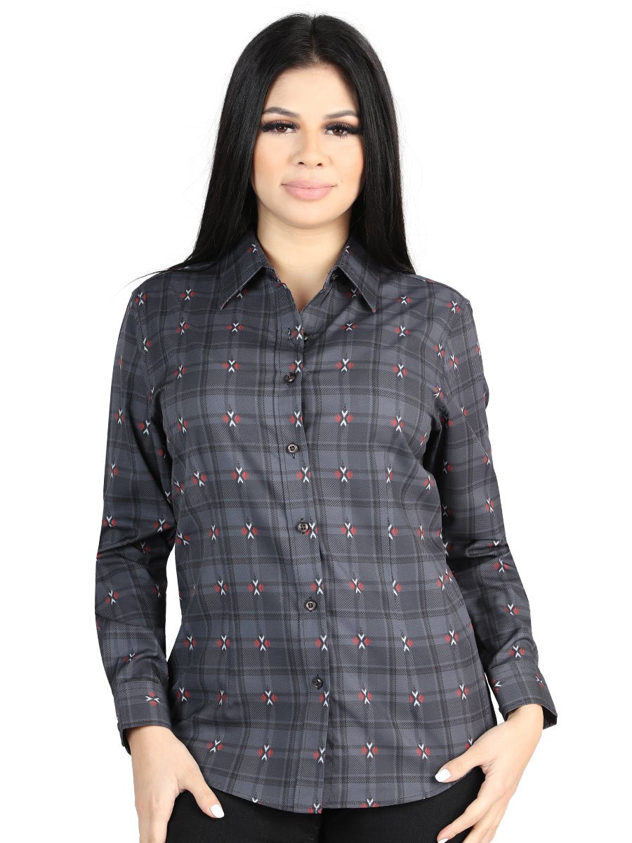 Women's Gray/Brown Plaid Print Long Sleeve Western Shirt 'El Señor De Los Cielos' 44725 - BELLEZA'S - Women's Gray/Brown Plaid Print Long Sleeve Western Shirt 'El Señor De Los Cielos' 44725 - Women's Shirt - 04472501