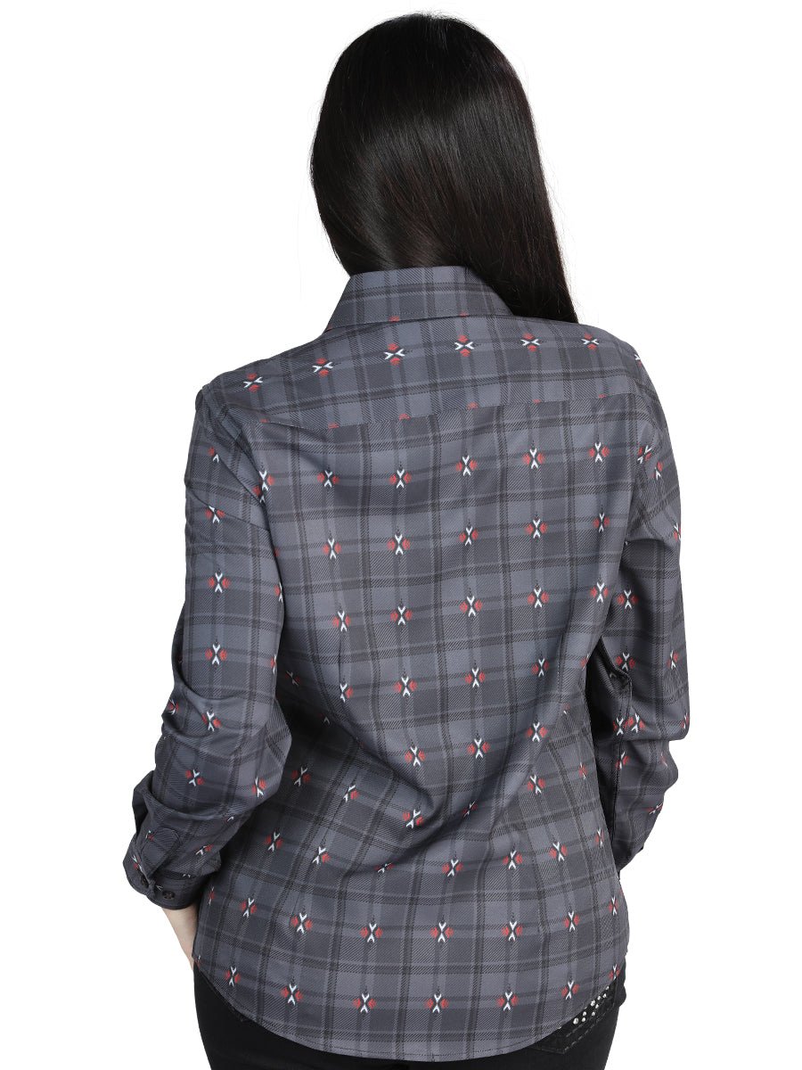 Women's Gray/Brown Plaid Print Long Sleeve Western Shirt 'El Señor De Los Cielos' 44725 - BELLEZA'S - Women's Gray/Brown Plaid Print Long Sleeve Western Shirt 'El Señor De Los Cielos' 44725 - Women's Shirt - 04472501