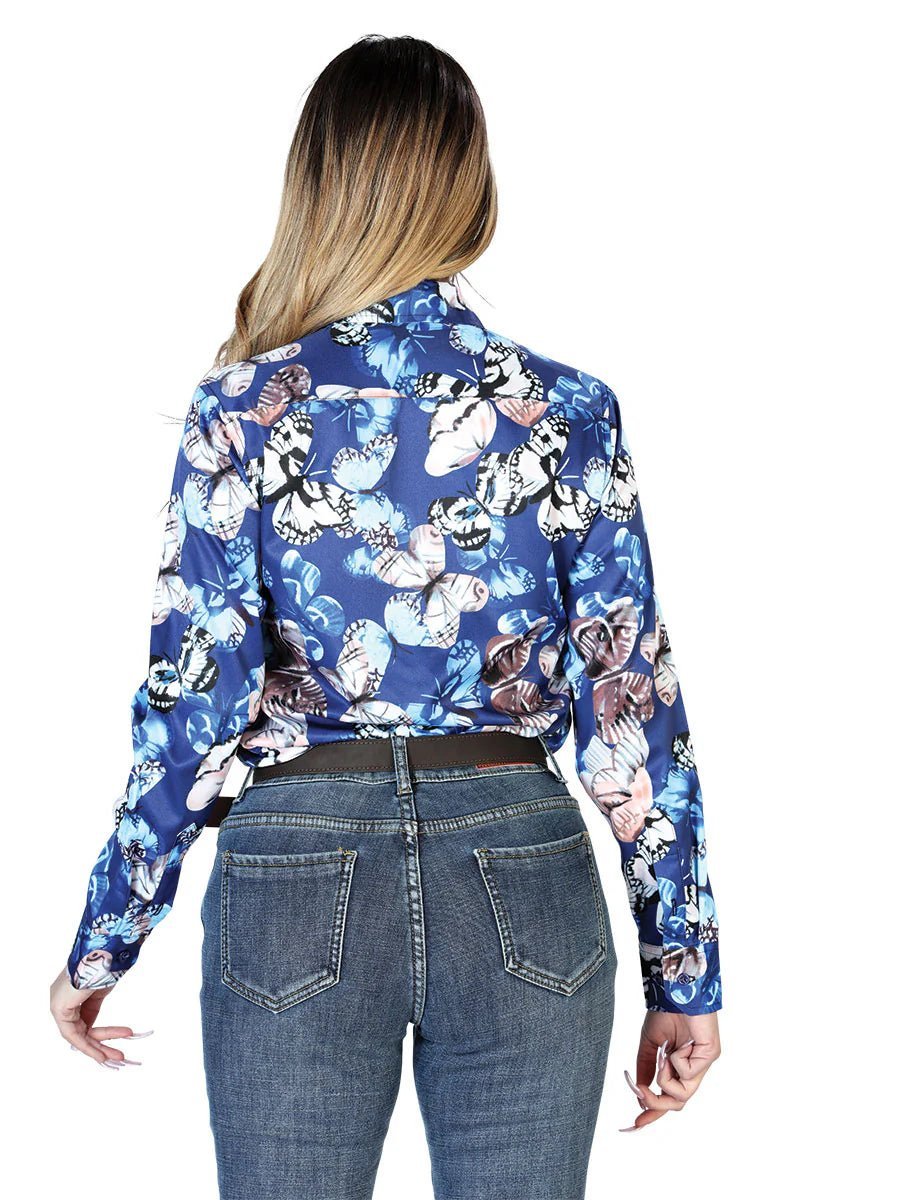 Women's Navy Butterflies Print Long Sleeve Western Shirt 'El Señor de los Cielos' 43894 - BELLEZA'S - Women's Navy Butterflies Print Long Sleeve Western Shirt 'El Señor de los Cielos' 43894 - Women's Shirt - 04389401