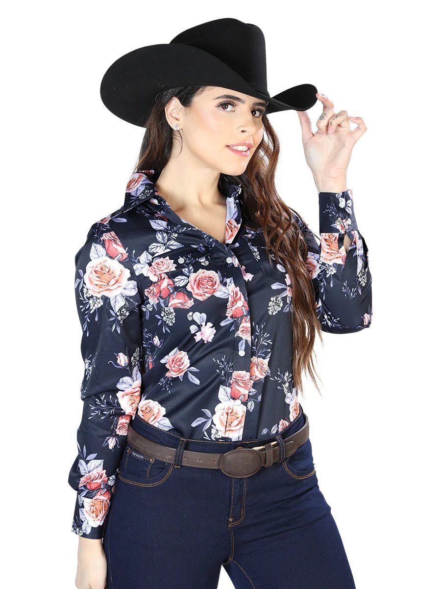 Women's Navy/Roses Print Long Sleeve Western Shirt 'El Señor de los Cielos' 44090 - BELLEZA'S - Women's Navy/Roses Print Long Sleeve Western Shirt 'El Señor de los Cielos' 44090 - Women's Shirt - 04409001
