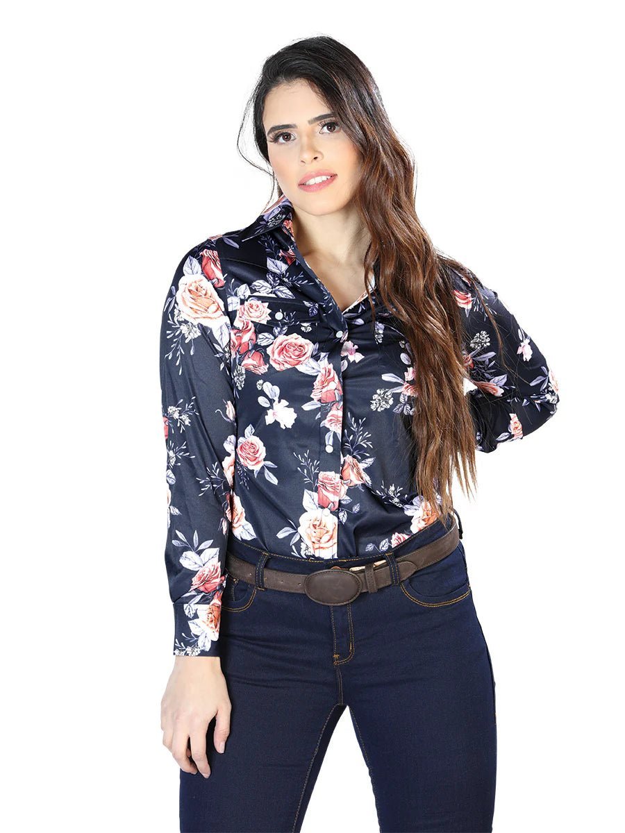 Women's Navy/Roses Print Long Sleeve Western Shirt 'El Señor de los Cielos' 44090 - BELLEZA'S - Women's Navy/Roses Print Long Sleeve Western Shirt 'El Señor de los Cielos' 44090 - Women's Shirt - 04409001