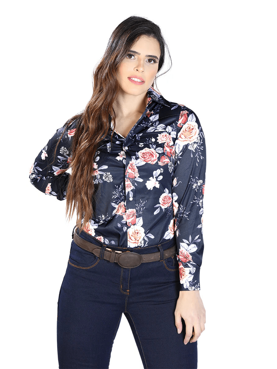 Women's Navy/Roses Print Long Sleeve Western Shirt 'El Señor de los Cielos' 44090 - BELLEZA'S - Women's Navy/Roses Print Long Sleeve Western Shirt 'El Señor de los Cielos' 44090 - Women's Shirt - 04409001