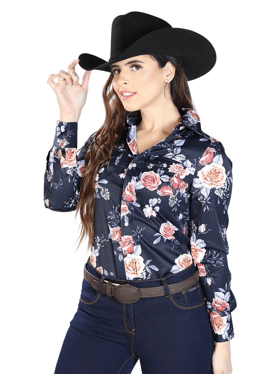 Women's Navy/Roses Print Long Sleeve Western Shirt 'El Señor de los Cielos' 44090 - BELLEZA'S - Women's Navy/Roses Print Long Sleeve Western Shirt 'El Señor de los Cielos' 44090 - Women's Shirt - 04409001