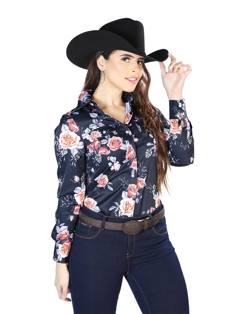 Women's Navy/Roses Print Long Sleeve Western Shirt 'El Señor de los Cielos' 44090 - BELLEZA'S - Women's Navy/Roses Print Long Sleeve Western Shirt 'El Señor de los Cielos' 44090 - Women's Shirt - 04409001