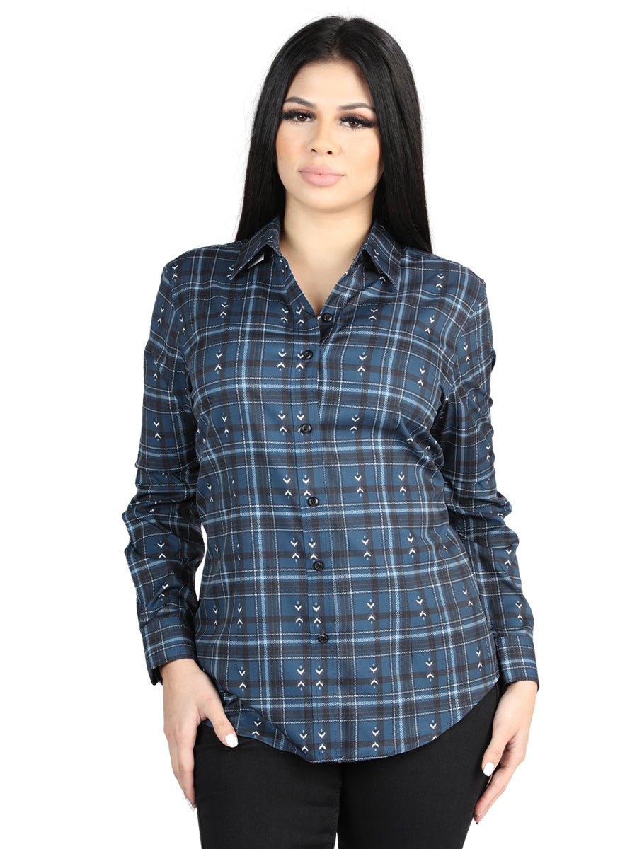 Women's Navy/White Plaid Print Long Sleeve Western Shirt 'El Señor De Los Cielos' 44723 - BELLEZA'S - Women's Navy/White Plaid Print Long Sleeve Western Shirt 'El Señor De Los Cielos' 44723 - Women's Shirt - 04472301