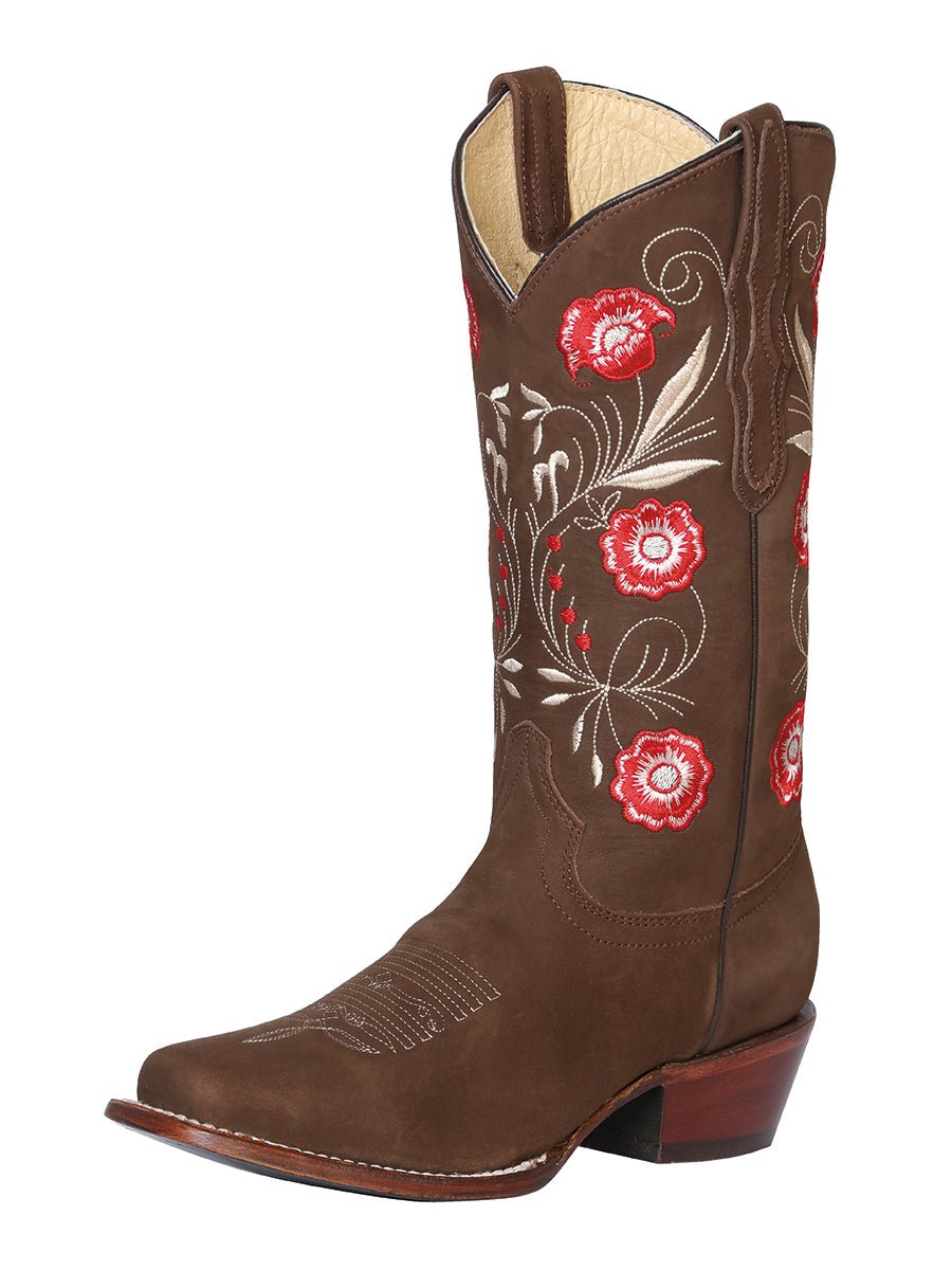 Women’s Nobuck Leather Floral Embroidered Western Cowgirl Boots 'El General' 42984 - BELLEZA'S - Women’s Nobuck Leather Floral Embroidered Western Cowgirl Boots 'El General' 42984 - Women's Boots - 04298401