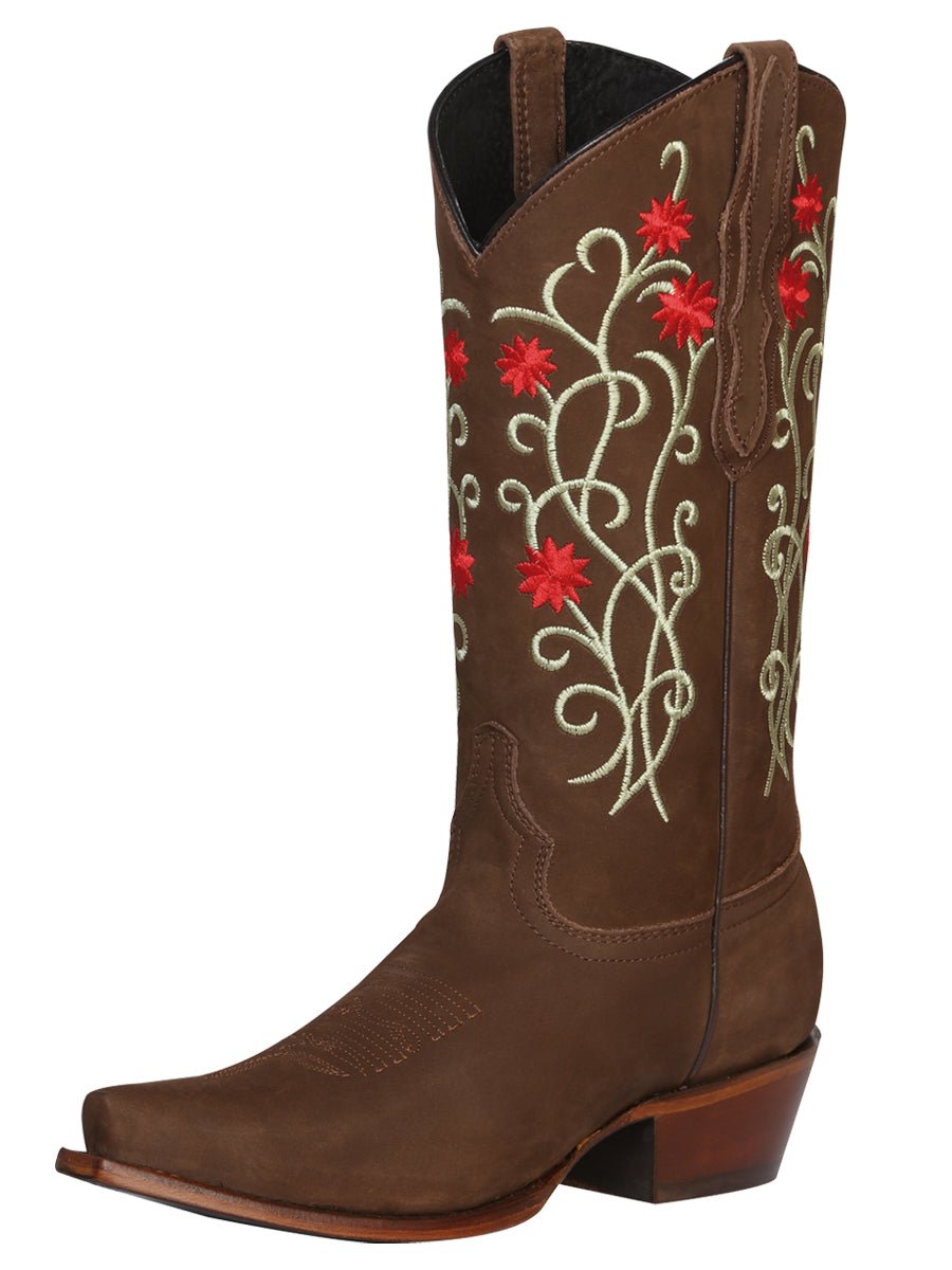 Women’s Nubuck Leather Floral Embroidered Rodeo Western Cowgirl Boots 'El General' 41789 - BELLEZA'S - Women’s Nubuck Leather Floral Embroidered Rodeo Western Cowgirl Boots 'El General' 41789 - Women's Boots - 04178901