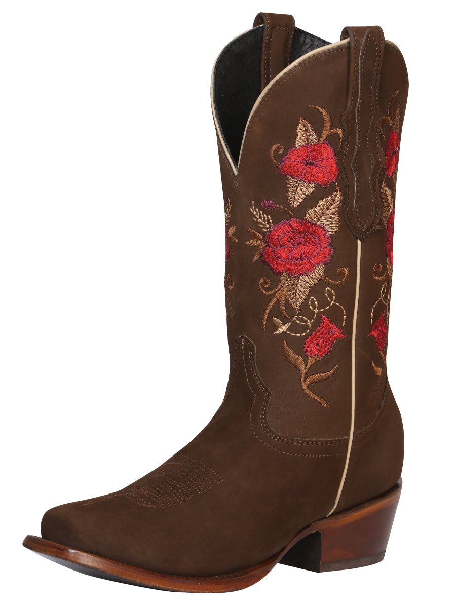 Women’s Nubuck Leather Floral Embroidered Rodeo Western Cowgirl Boots 'El General' 42025 - BELLEZA'S - Women’s Nubuck Leather Floral Embroidered Rodeo Western Cowgirl Boots 'El General' 42025 - Women's Boots - 04202501