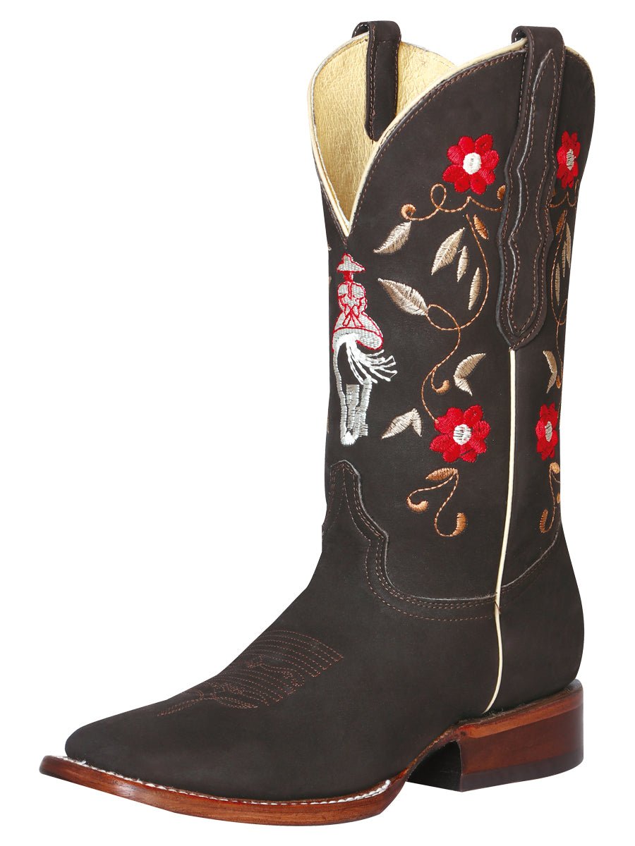 Women’s Nubuck Leather Floral Embroidered Shaft Western Cowgirl Boots 'El General' 42974 - BELLEZA'S - Women’s Nubuck Leather Floral Embroidered Shaft Western Cowgirl Boots 'El General' 42974 - Women's Boots - 04297401