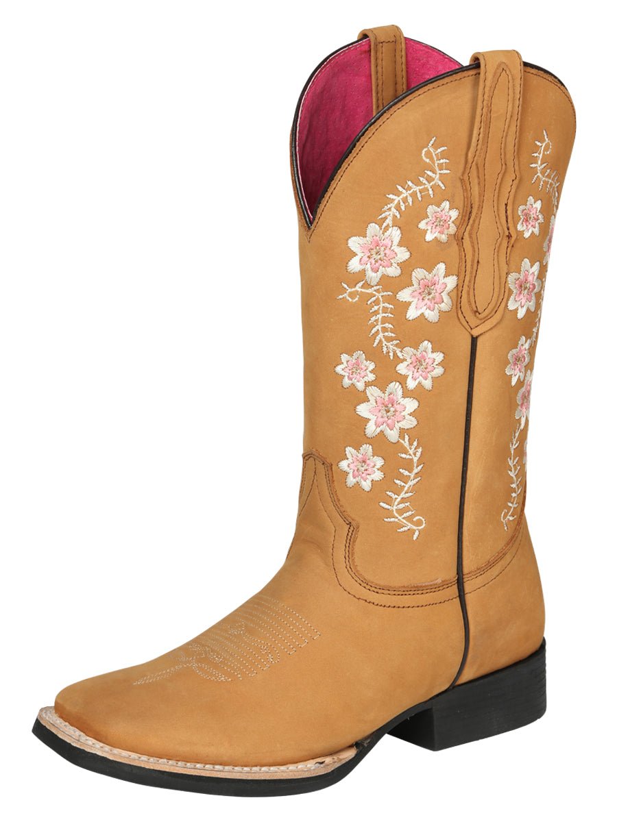 Women’s Nubuck Leather Flowers Embroidered Western Cowgirl Boots 'El General' Peach 44644 - BELLEZA'S - Women’s Nubuck Leather Flowers Embroidered Western Cowgirl Boots 'El General' Peach 44644 - Women's Boots - 04464401
