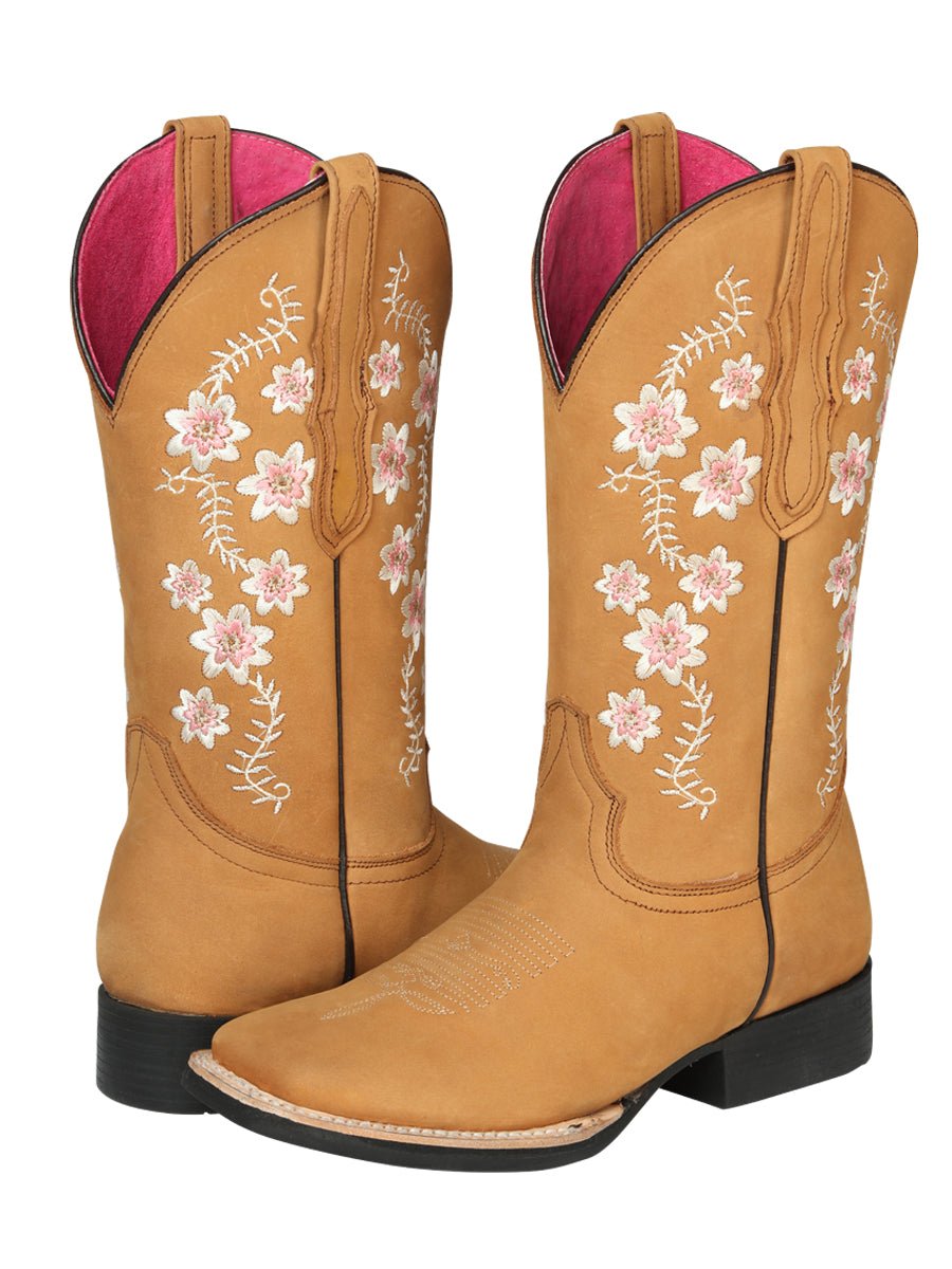 Women’s Nubuck Leather Flowers Embroidered Western Cowgirl Boots 'El General' Peach 44644 - BELLEZA'S - Women’s Nubuck Leather Flowers Embroidered Western Cowgirl Boots 'El General' Peach 44644 - Women's Boots - 04464401