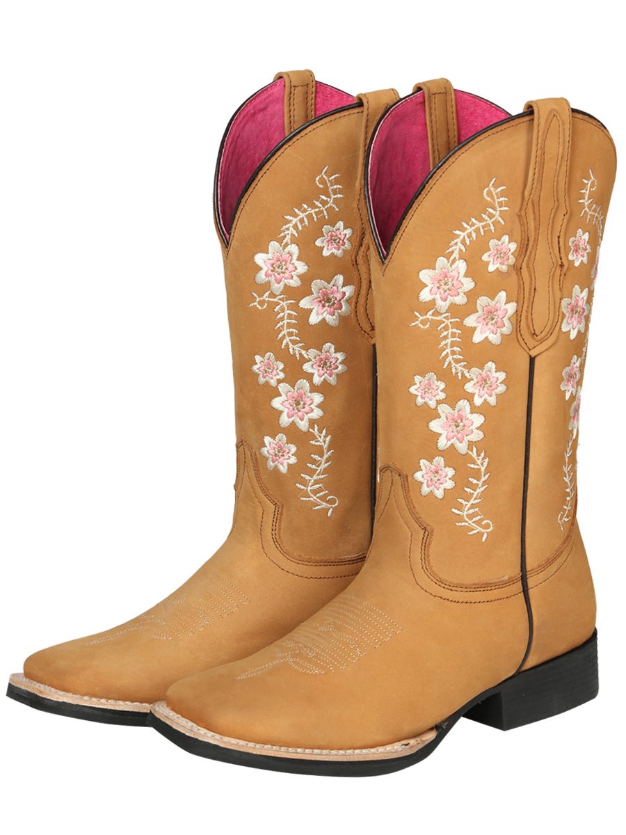 Women’s Nubuck Leather Flowers Embroidered Western Cowgirl Boots 'El General' Peach 44644 - BELLEZA'S - Women’s Nubuck Leather Flowers Embroidered Western Cowgirl Boots 'El General' Peach 44644 - Women's Boots - 04464401