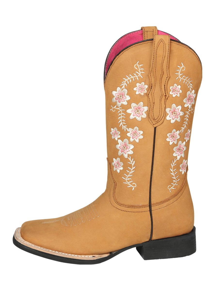 Women’s Nubuck Leather Flowers Embroidered Western Cowgirl Boots 'El General' Peach 44644 - BELLEZA'S - Women’s Nubuck Leather Flowers Embroidered Western Cowgirl Boots 'El General' Peach 44644 - Women's Boots - 04464401