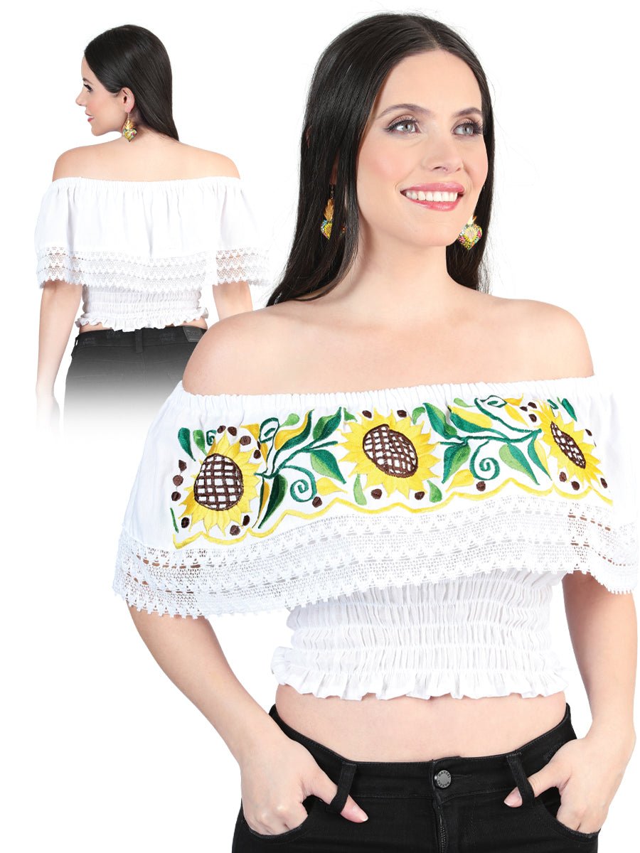 Women’s Off the Shoulder Sunflowers Embroidered Artisanal Crop Top White 603983 - BELLEZA'S - Women’s Off the Shoulder Sunflowers Embroidered Artisanal Crop Top White 603983 - Women's Blouse - 60398301