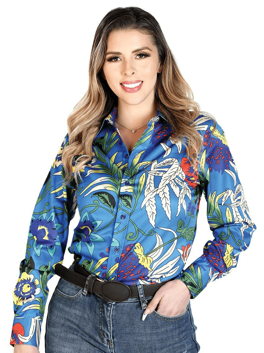 Women's Royal Blue Floral Print Long Sleeve Western Shirt 'El Señor De Los Cielos' 43895 - BELLEZA'S - Women's Royal Blue Floral Print Long Sleeve Western Shirt 'El Señor De Los Cielos' 43895 - Women's Shirt - 04389501