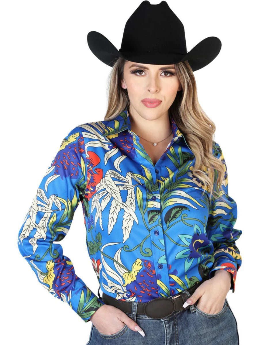 Women's Royal Blue Floral Print Long Sleeve Western Shirt 'El Señor De Los Cielos' 43895 - BELLEZA'S - Women's Royal Blue Floral Print Long Sleeve Western Shirt 'El Señor De Los Cielos' 43895 - Women's Shirt - 04389501